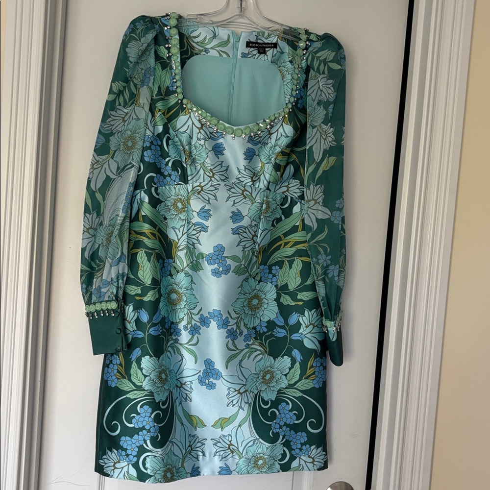 Boston Proper Aqua Floral Patterned Dress